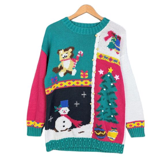 Vintage Yarnworks Ugly Christmas Sweater Bear Tree Snowman Bells Men’s M/L - Picture 1 of 7